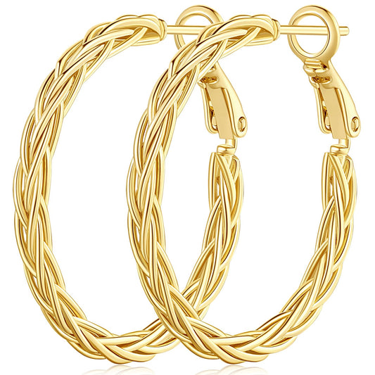Aros de Oro para Mujer 14K Gold Hoop Earrings for Women Unique Gold Hoops Gold Earrings Hoops Trendy Fine Weave Design 14K Gold Earrings Women Jewelry 30MM